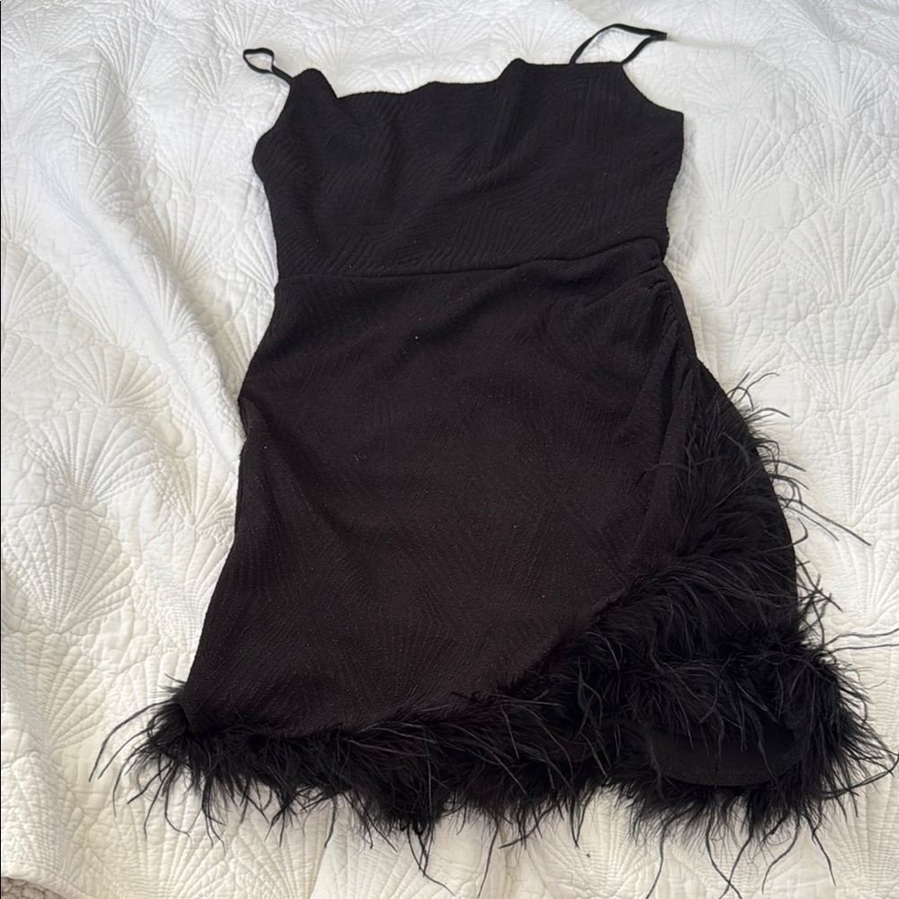 Speechless Black Feather-Trim Mini Dress